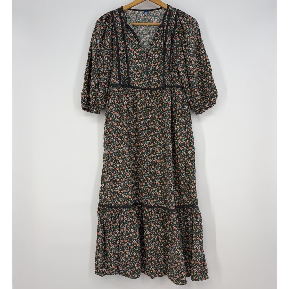 Old Navy‎ Midi Dress XS Gray Floral Boho Cottage Romantic Prairie Pockets Hippie